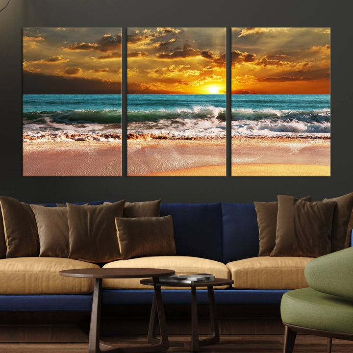 Golden Sunset Beach Canvas Triptych adorns the cozy room, creating a stunning focal point.