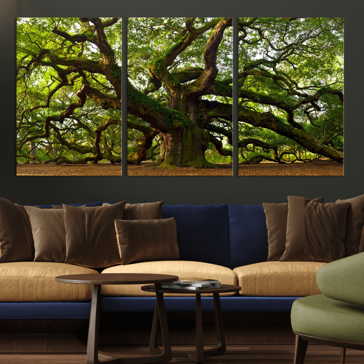 MGV-CV-60X30-3P - Angel Oak Tree Wall Art Canvas Print | Forest Tree Nature Photography Print on Canvas | Large Triptych Art for Living Room or Office Decor