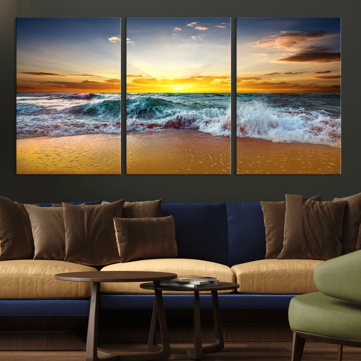 MGV-CV-60X30-3P - Golden Sunset Ocean Waves Wall Art Canvas Print – Multi Panel Beach Canvas Print Set – Large Coastal Triptych Print for Home or Farmhouse Decor