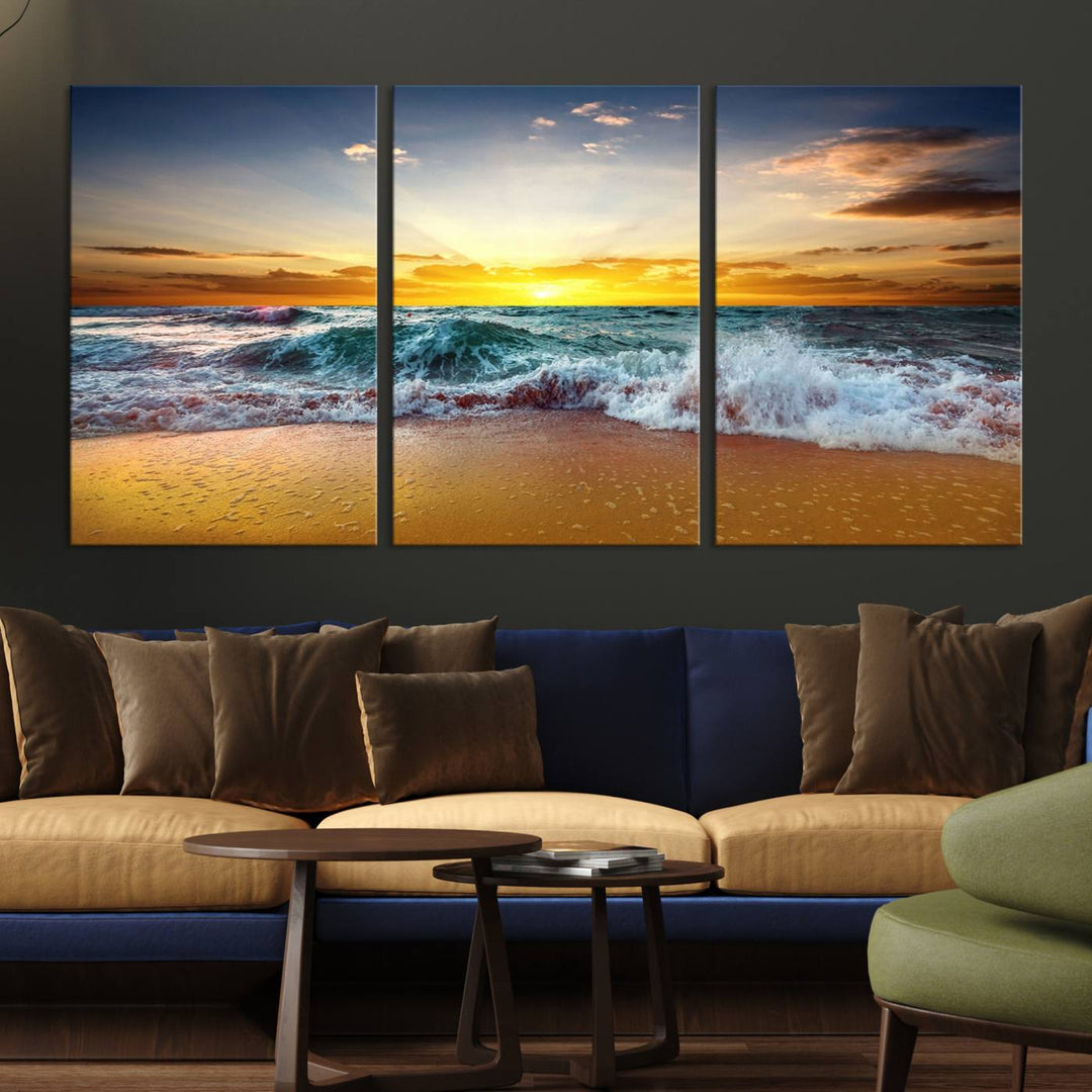 The kitchen features the Golden Sunset Ocean Waves multi-panel coastal wall art canvas.