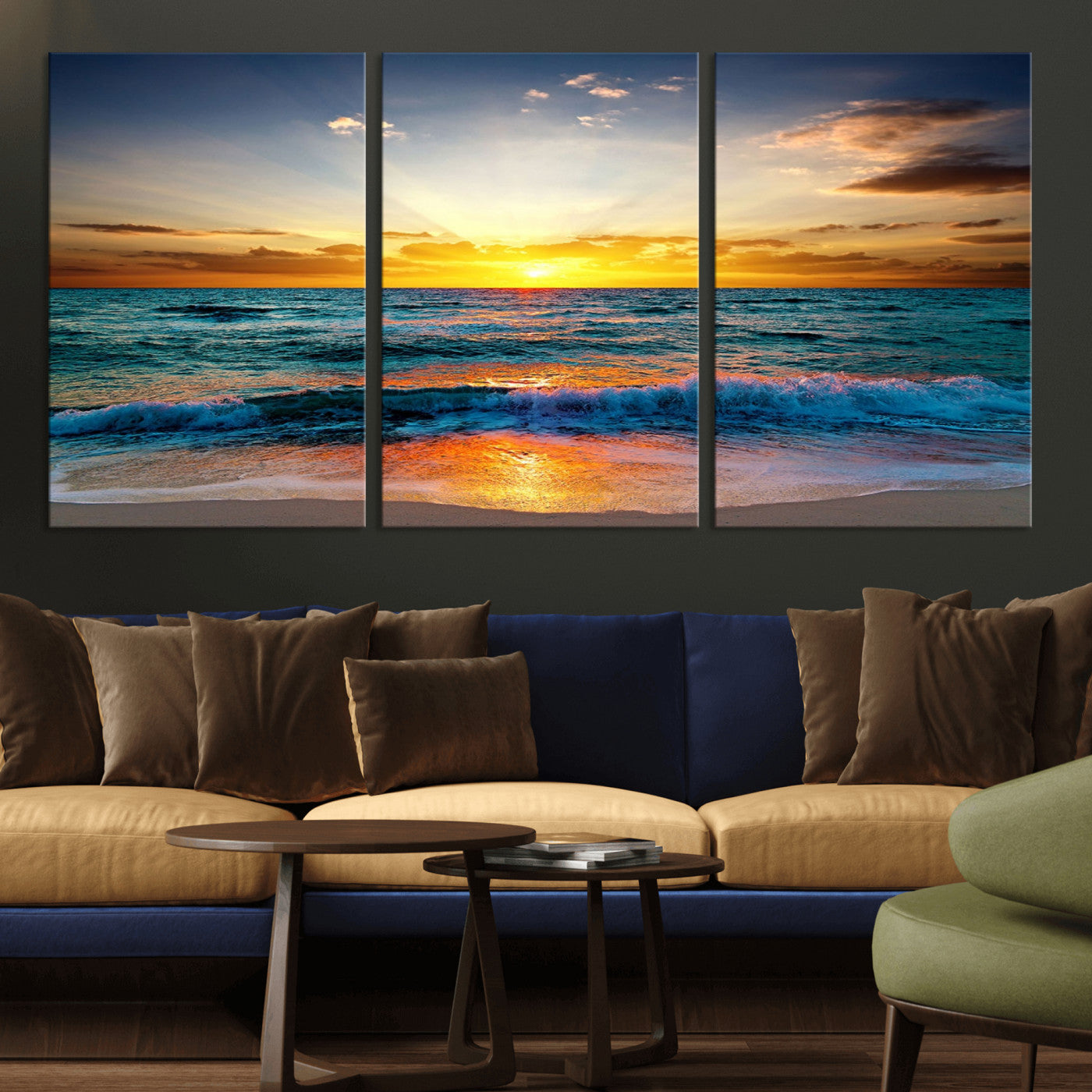 MGV-CV-60X30-3P - Vibrant Ocean Sunrise Over Golden Beach Waves, Giclee Canvas Wall Art Set, High-Quality Stretched Canvas Print, Ready to Hang Coastal Sunset Wall