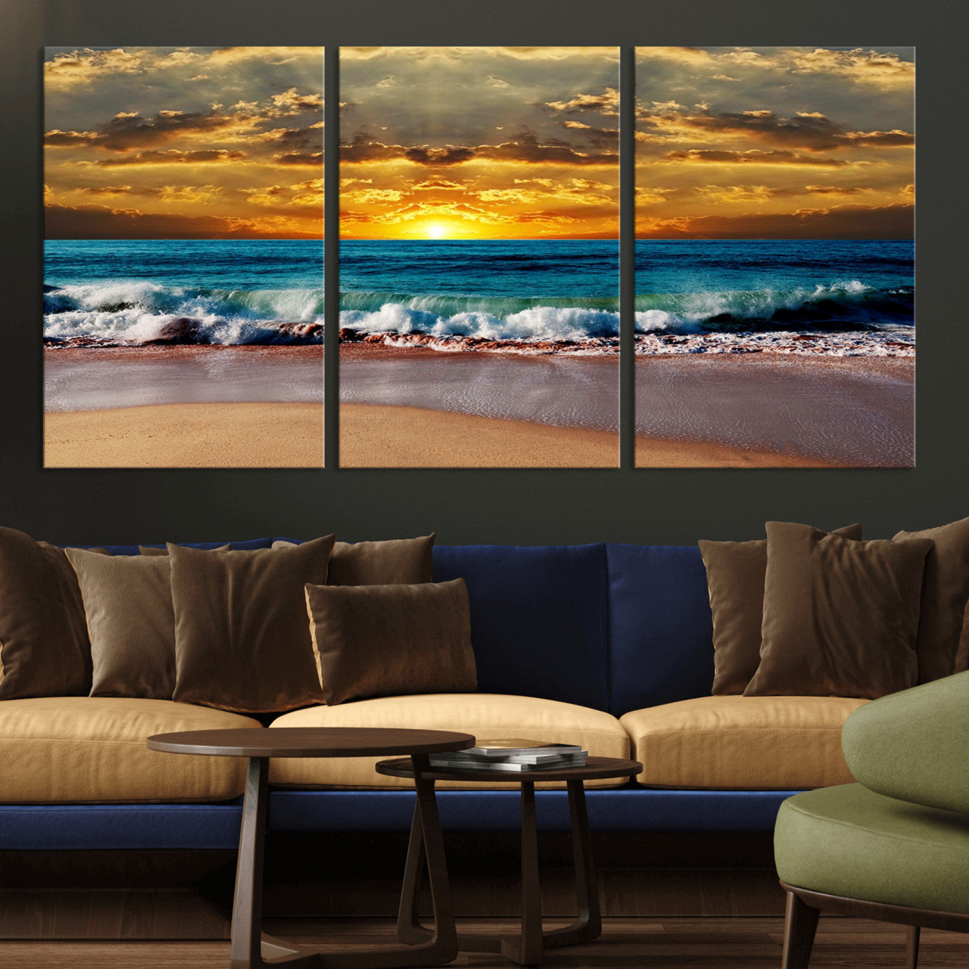 MGV-CV-60X30-3P - Ocean Sunrise Over Golden Beach Waves, Giclee Canvas Wall Art Set, High-Quality Stretched Canvas Print, Ready to Hang Coastal Sunset Wall Decor