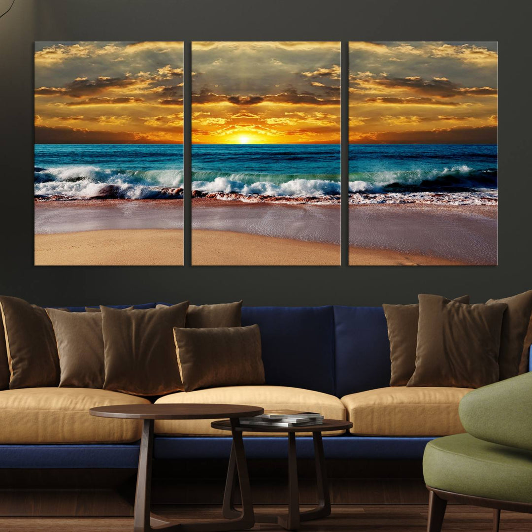 The Ocean Sunrise Over Golden Beach Waves wall art is prominently displayed, capturing the serene beauty of a beach at sunrise.