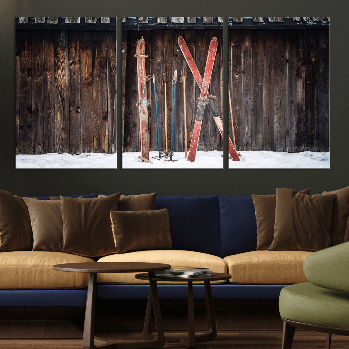 MGV-CV-60X30-3P - Vintage Ski Gear Against Wooden Cabin Wall, Rustic Winter Sports Equipment Canvas Print, Ready to Hang Wall Art, Perfect for Lodge or Ski Cabin Decor