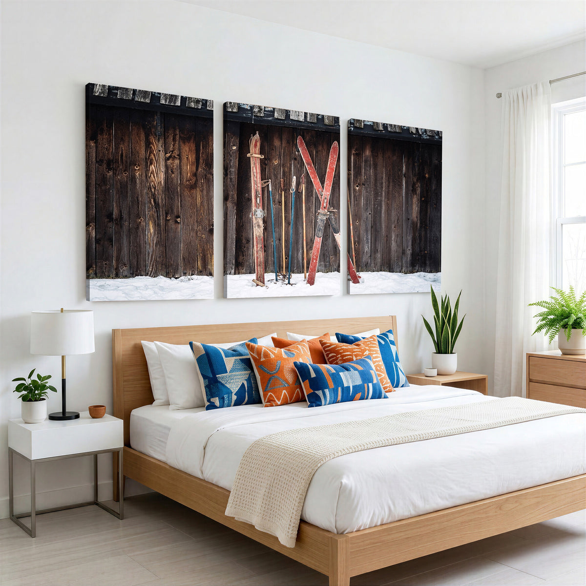 78590-MGV-CV-36X24 - Vintage Ski Gear Canvas Print, Vintage Ski Gear Against Wooden Cabin Wall