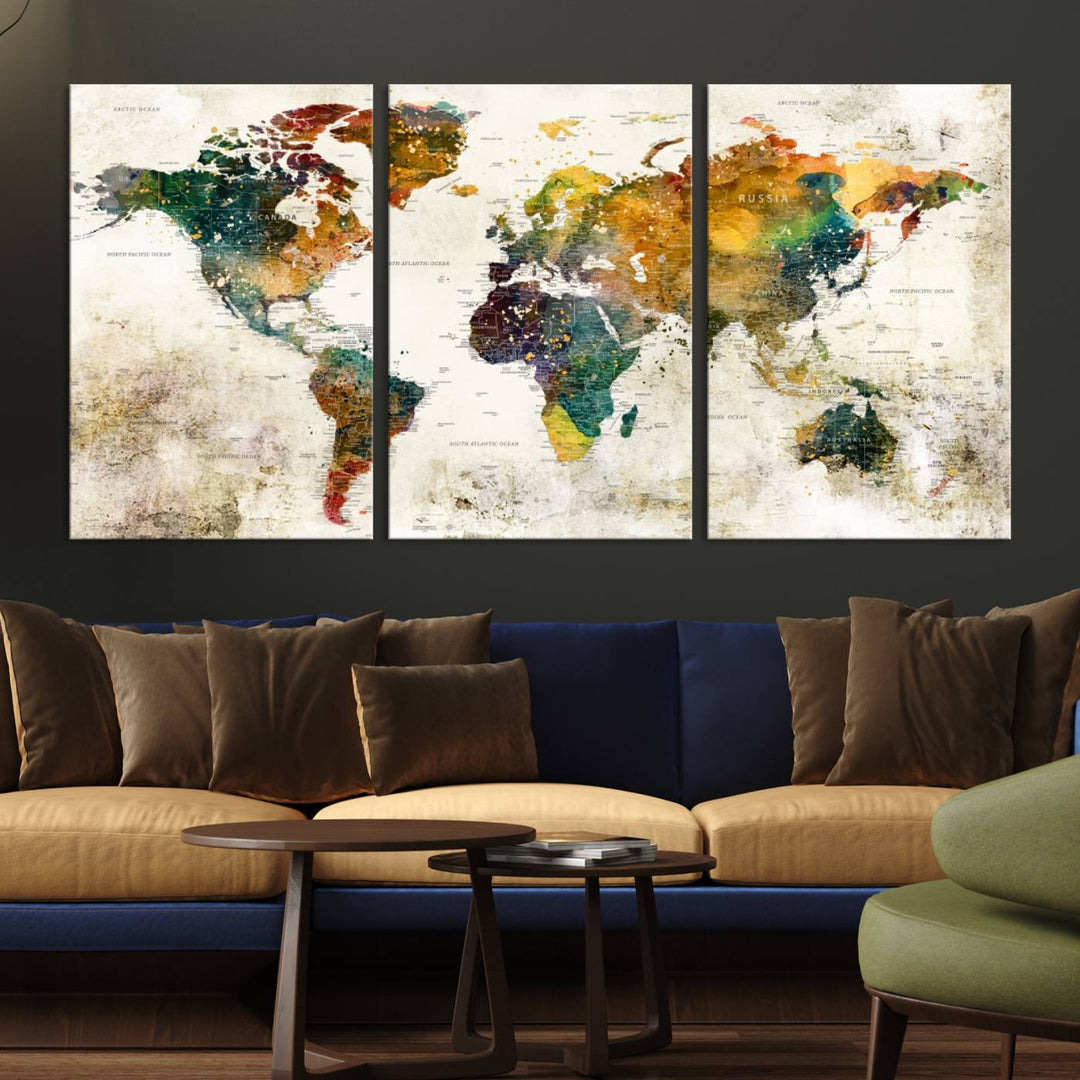 A 3-panel vintage world map canvas art is displayed.