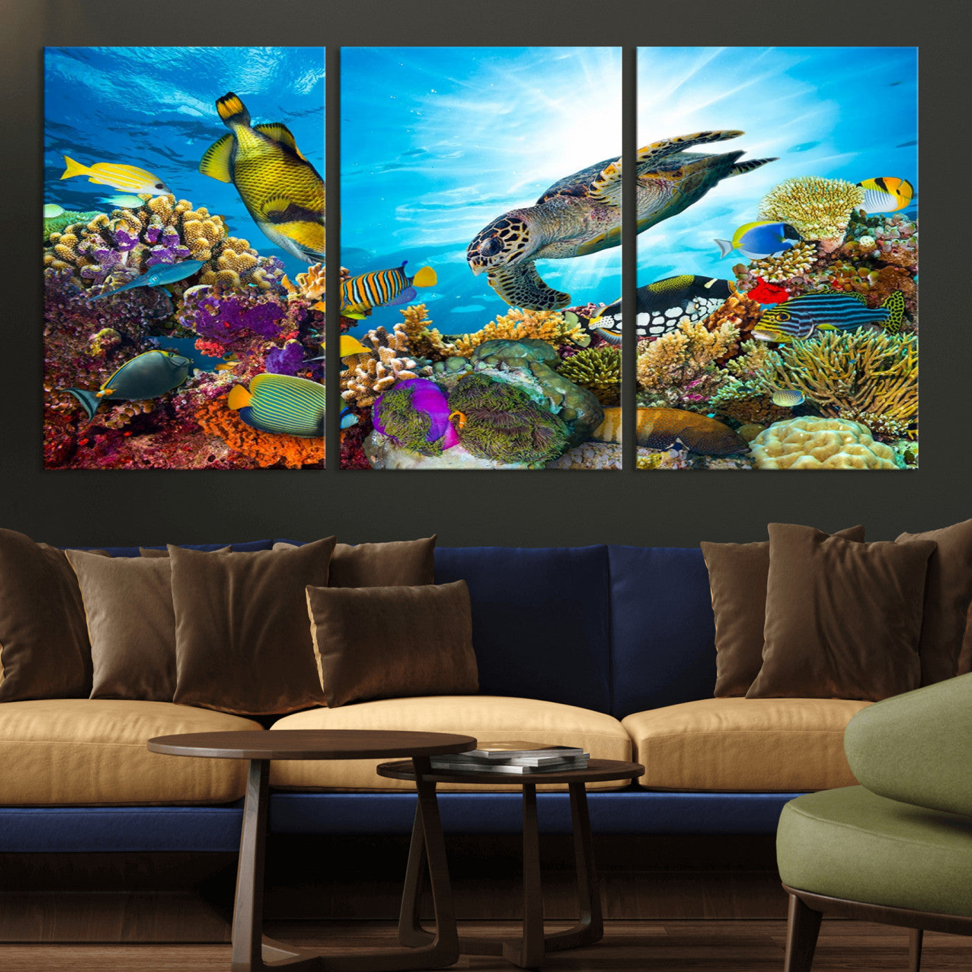 MGV-CV-60X30-3P - Sea Turtle Coral Reef Wall Art Print – Colorful Underwater Canvas Print – Tropical Ocean Marine Life Artwork – Perfect for Coastal Home Decor