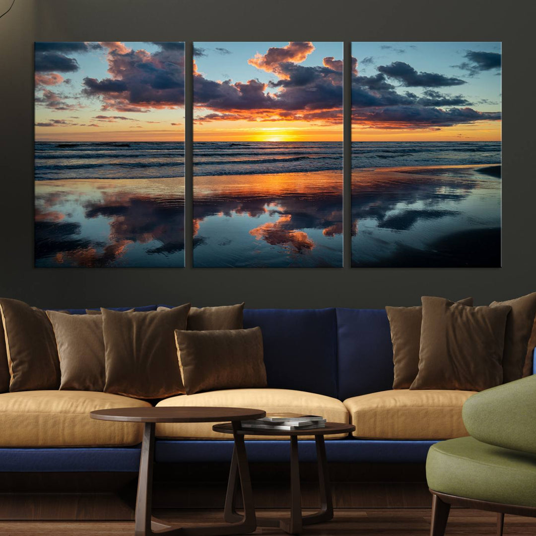 A Beach Sunset Print - Stunning Ocean Canvas Artwork adorns the wall.