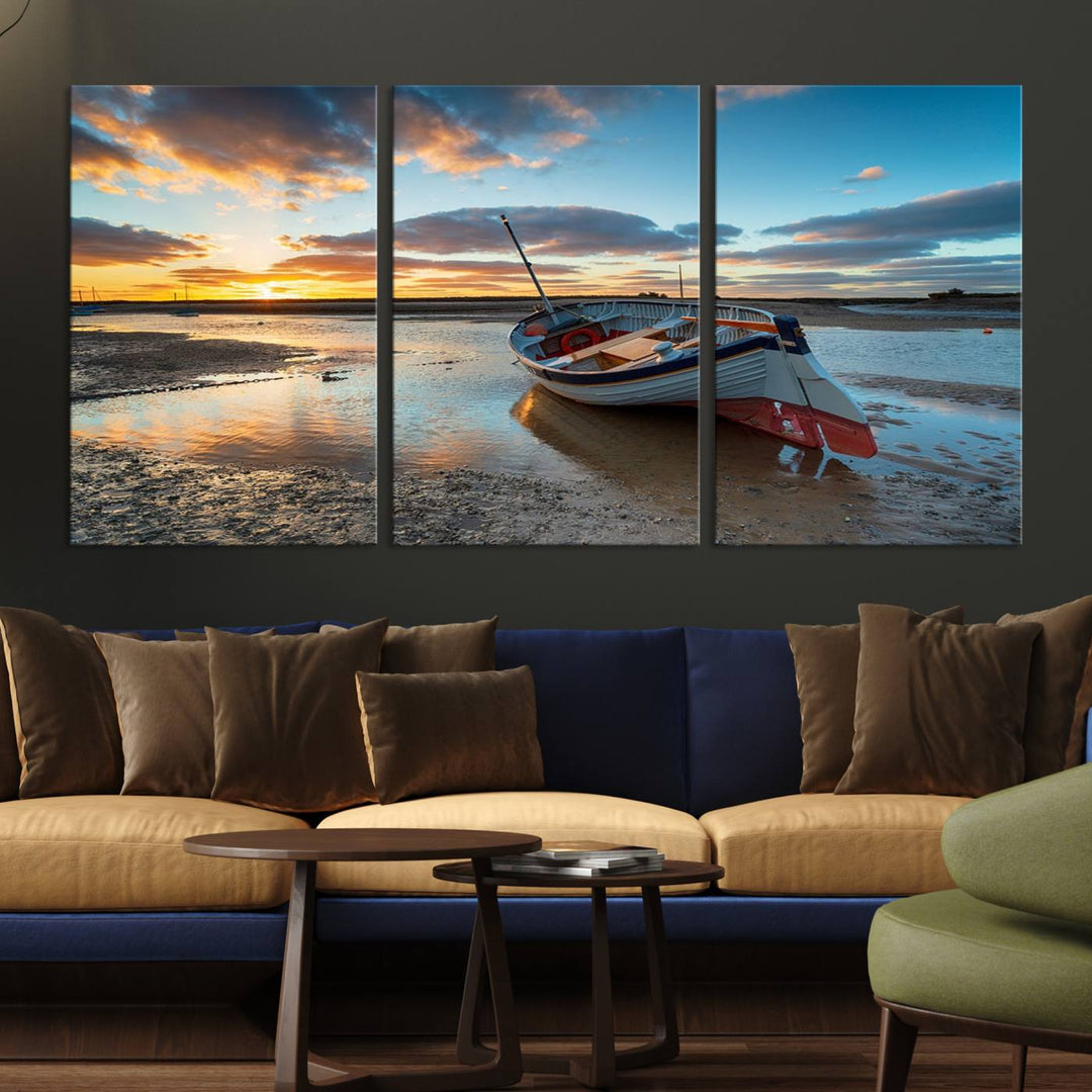 The Small Boat At The Beach Sunset wall art canvas print features UV coating, is museum-quality, and is ready to hang.