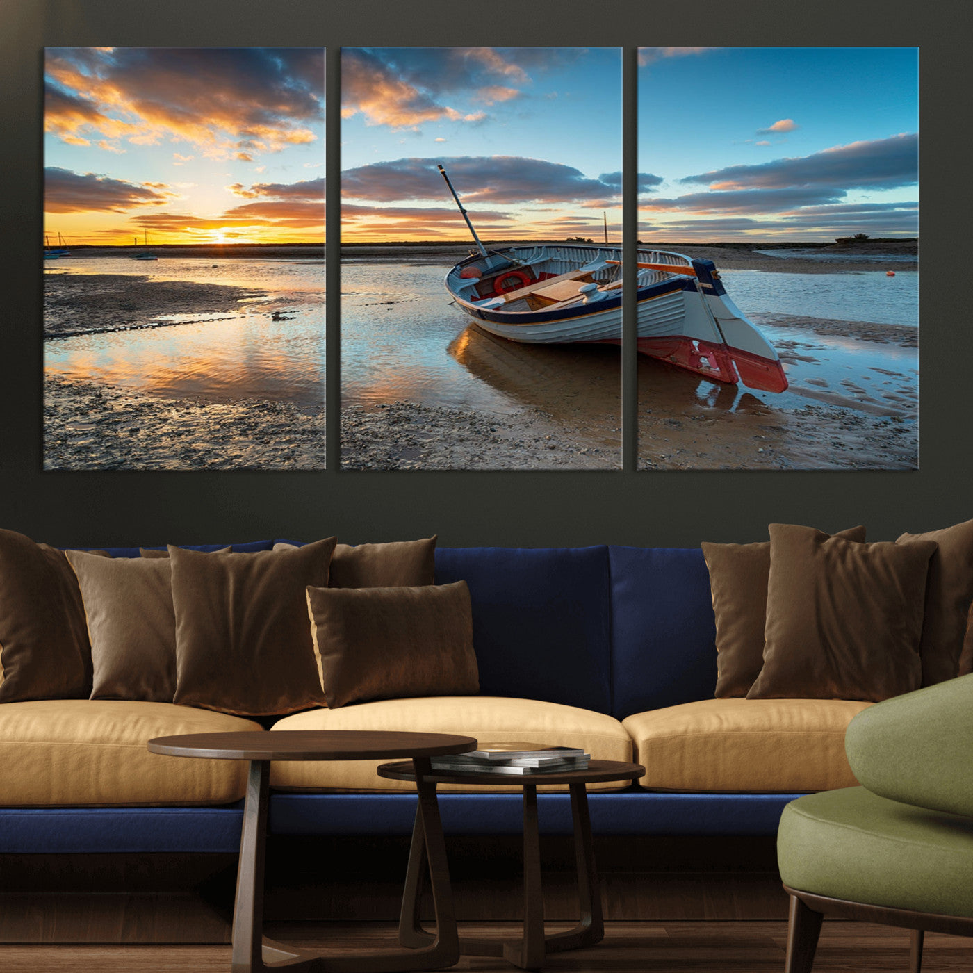 MGV-CV-60X30-3P - Small Boat At The Beach Sunset Wall Art, Boat Sunset Wall Art Canvas Print