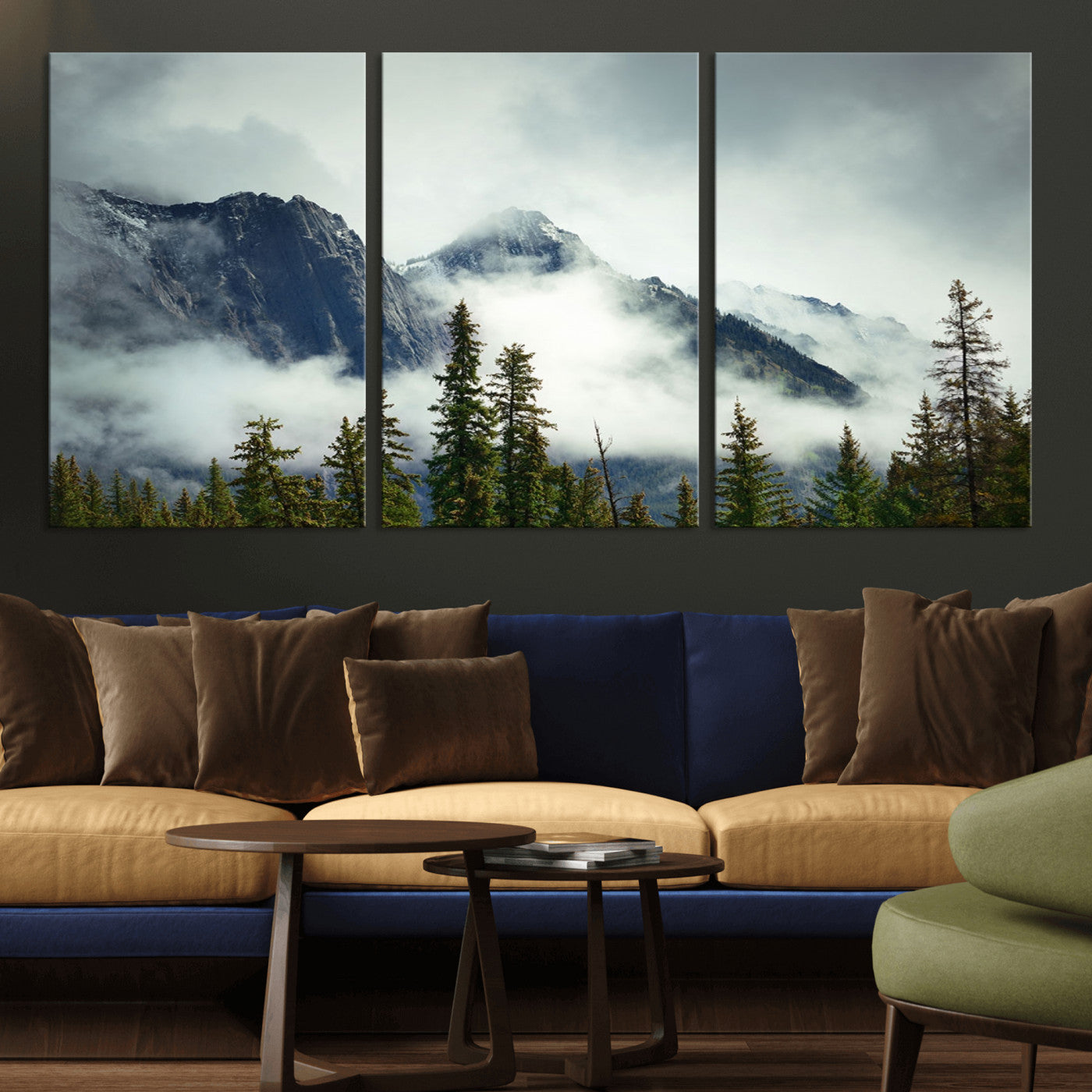 MGV-CV-60X30-3P - Mountain Mist Canvas Wall Art | 3-Panel Foggy Forest and Mountain Landscape | Large Giclee Print for Living Room, Office, or Cabin, Farmhouse Decor