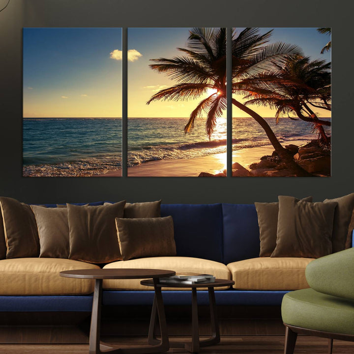 Sunset Palm Trees Wall Art Canvas Print: a serene beach scene on museum-quality canvas.