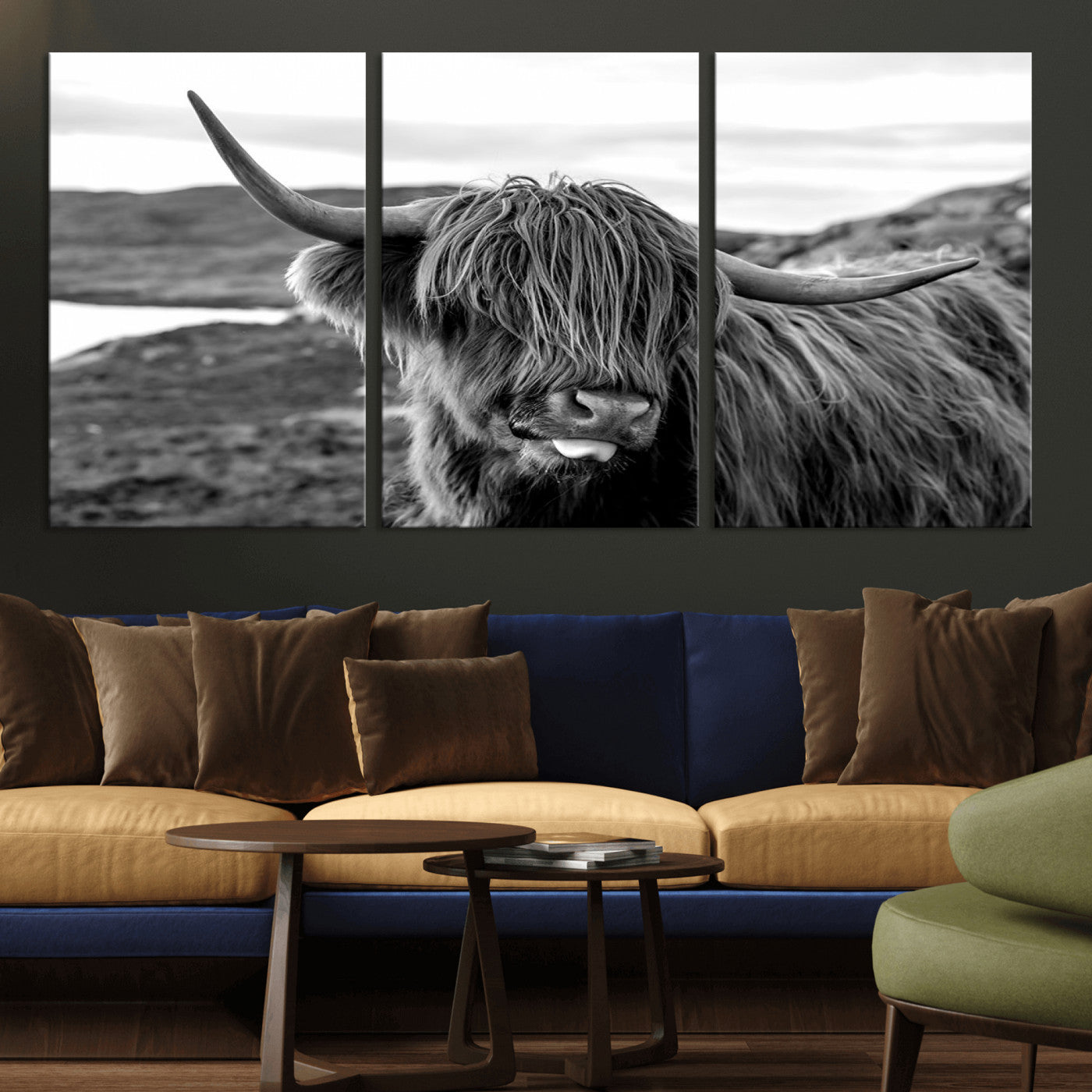 MGV-CV-60X30-3P - Highland Cow Canvas Wall Art – Black and White Animal Portrait – Framed and Ready to Hang Rustic Farmhouse Decor for Living Room or Office
