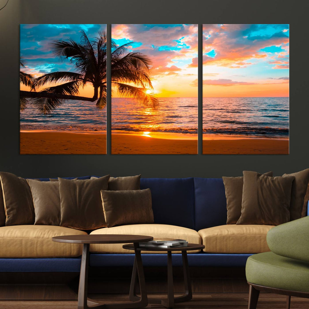 The Palm Tree Sunset On The Beach ready-to-hang canvas wall art—museum quality—brings a serene atmosphere to the room.