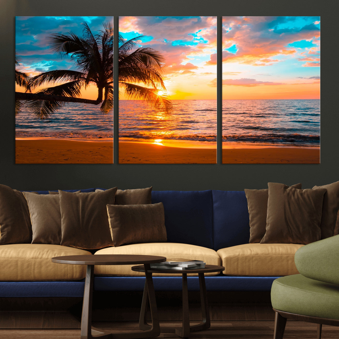 -Palm Tree Sunset On The Beach Wall Art Canvas, Framed Palm Tree Sunset Canvas Print