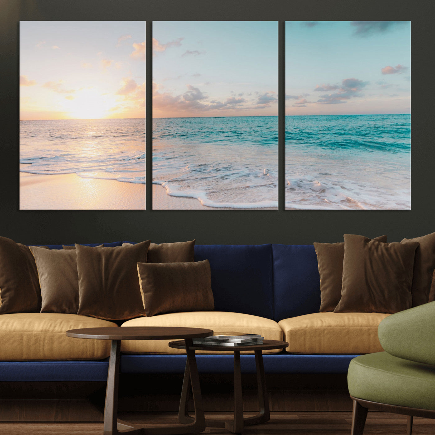 MGV-CV-60X30-3P - Tranquil Ocean Beach Sunset Canvas Wall Art | 3-Panel Coastal Decor