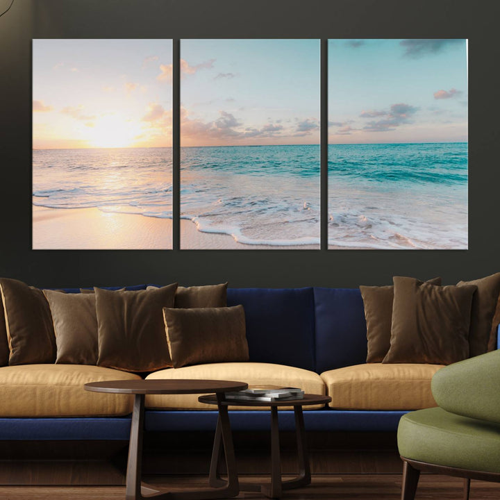 The room features a 3-panel Tranquil Ocean Beach Sunset Canvas Wall Art.