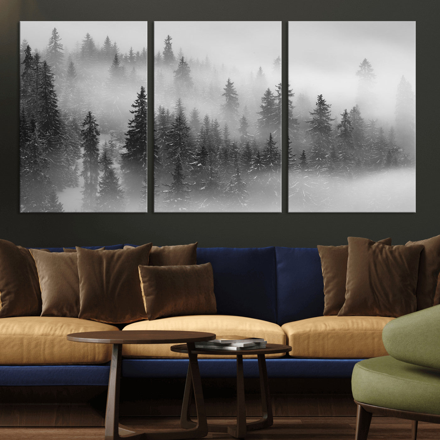 MGV-CV-60X30-3P - Black and White Forest Wall Art Print – Misty Pine Tree Canvas Print – Winter Woodland Nature Artwork – Perfect for Minimalist Home Decor