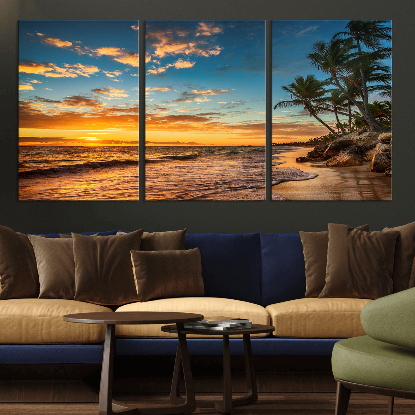 MGV-CV-60X30-3P - Tropical Beach Sunset Wall Art Print – Palm Tree Coastal Canvas Print – Ocean Seascape Artwork – Perfect for Tropical Modern Home Decor