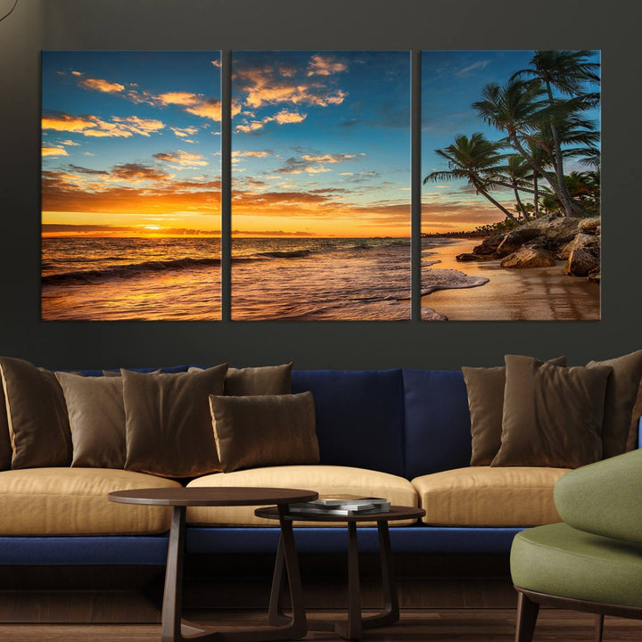 A stunning beach sunset on a museum-quality Sunset Wall Art Canvas Print adorns the kitchen wall.