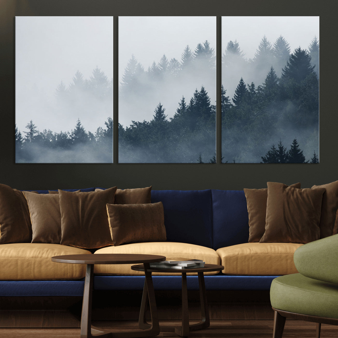 MGV-CV-60X30-3P - Misty Forest Wall Art Print – Foggy Pine Tree Canvas Print – Dark Woodland Nature Artwork – Perfect for Minimalist and Modern Home Decor