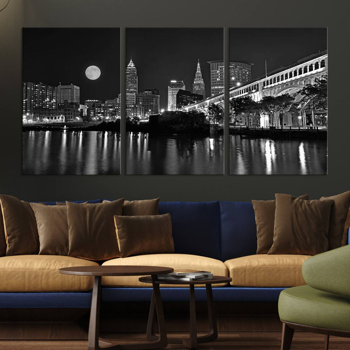 Cleveland Night Skyline Canvas Print: A museum-quality piece, ready to hang, featuring a stunning full moon and its reflections below.