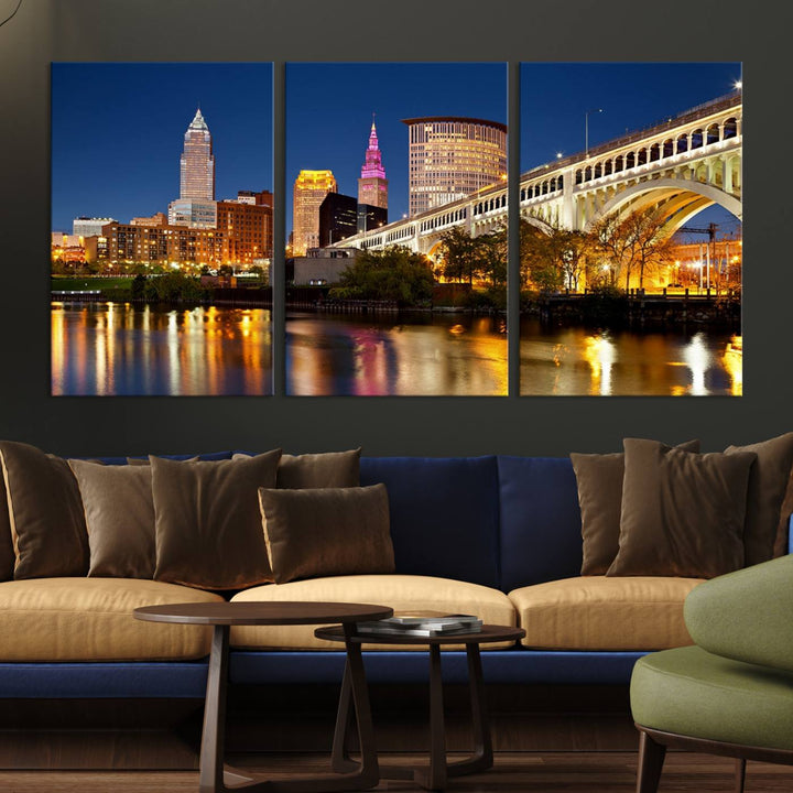 The Cleveland City Lights Canvas showcases a lit-up bridge and cityscape at night.