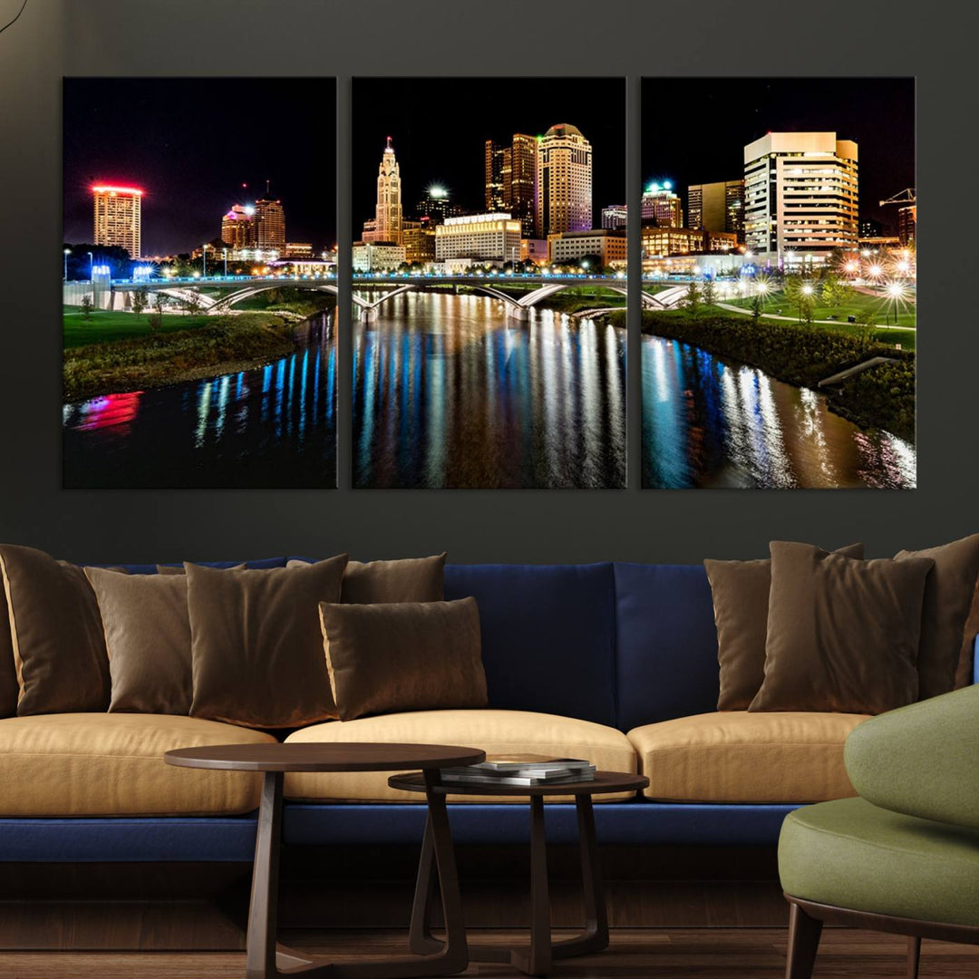 The Columbus City Lights Night Skyline Wall Art Canvas Print adorns the wall.