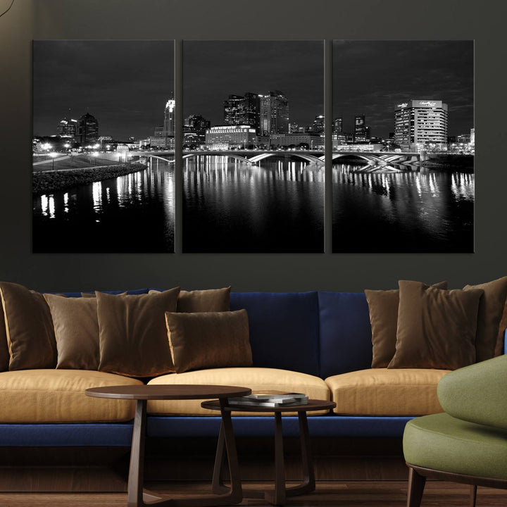 Columbus City Lights Skyline canvas print in black and white, featuring museum-quality craftsmanship and free shipping.