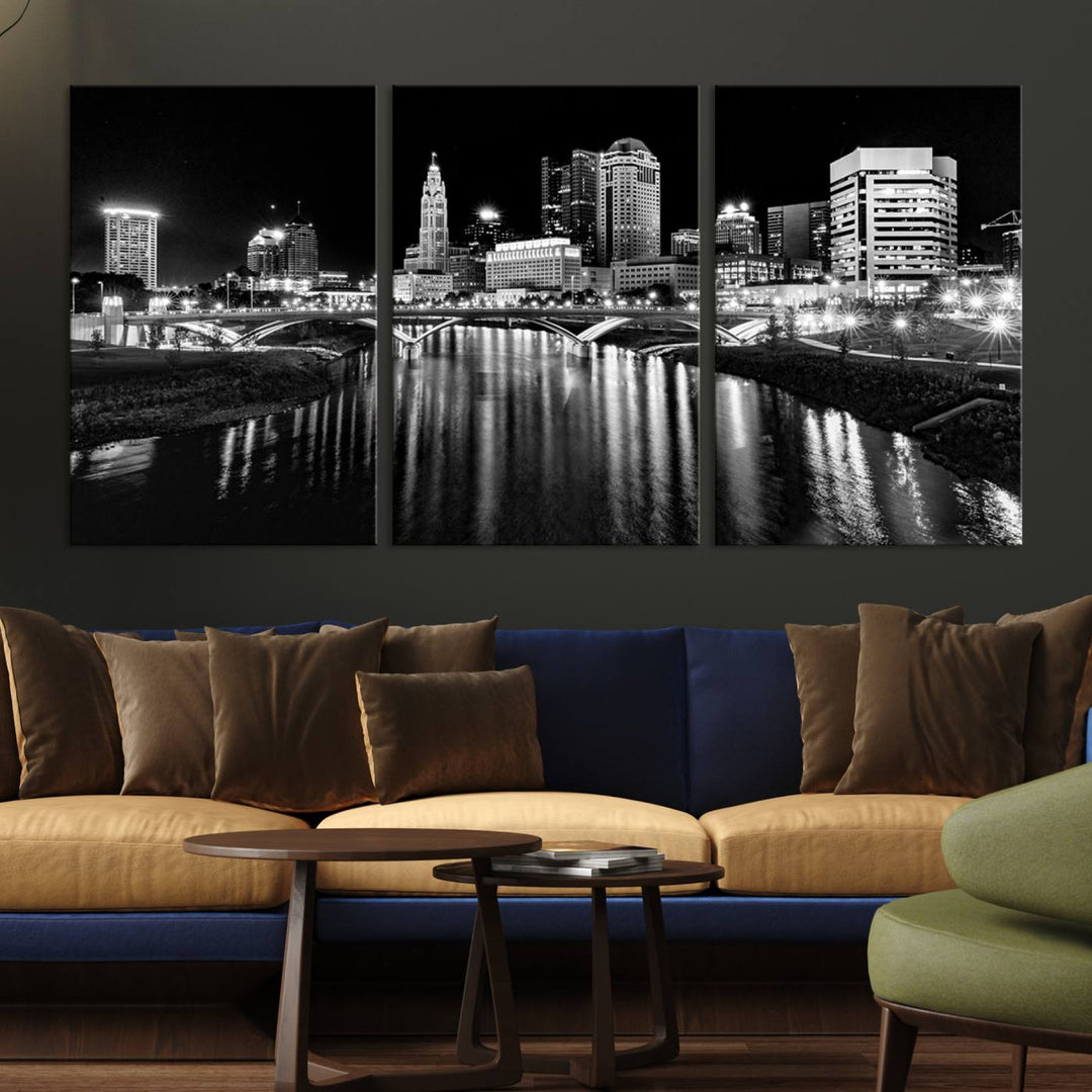 Columbus City Lights Skyline Black and White Canvas with UV coating.