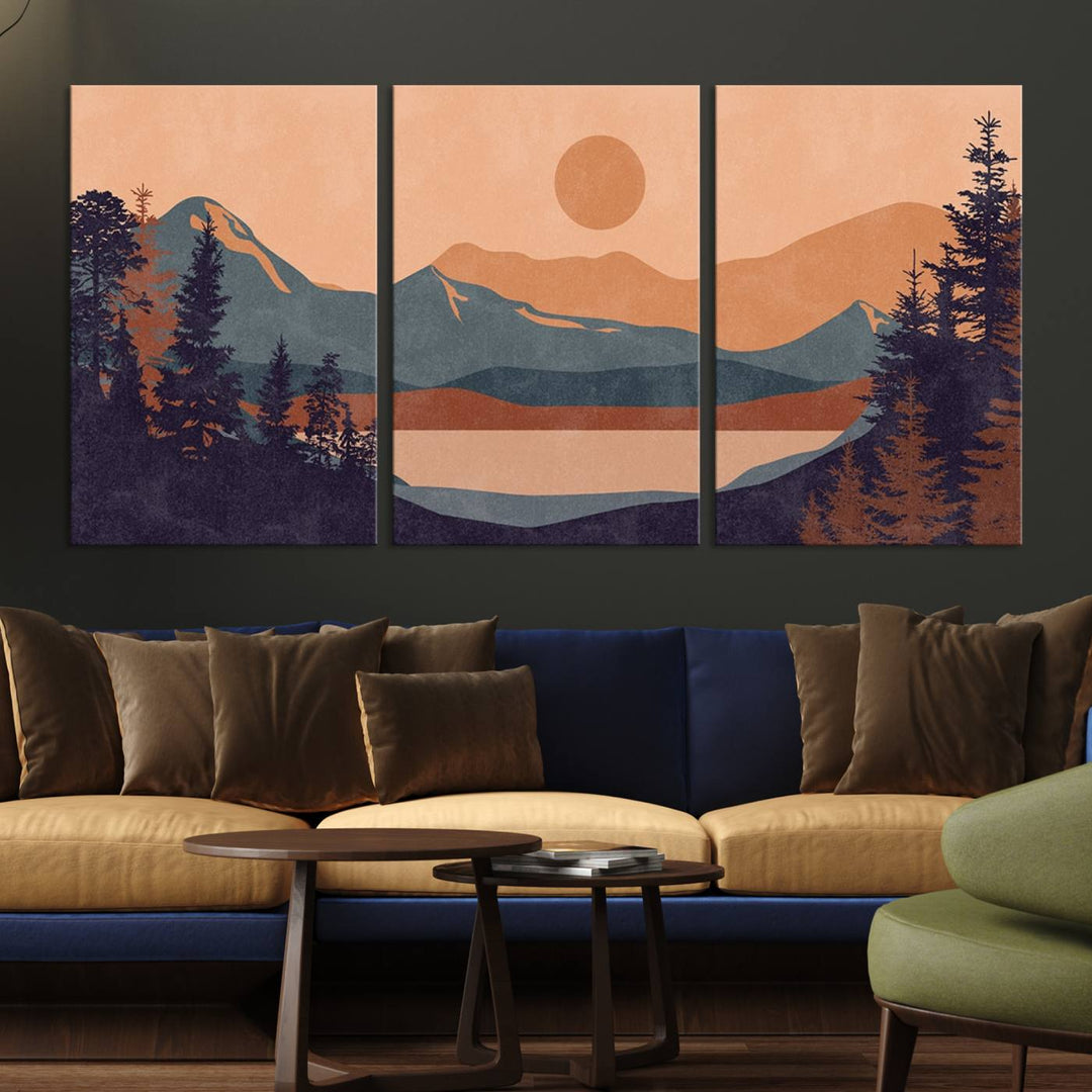 Modern Boho Sunset Mountain Landscape Triptych – Giclée Canvas Art Print for Living Room, Bohemian Decor, Ready to Hang