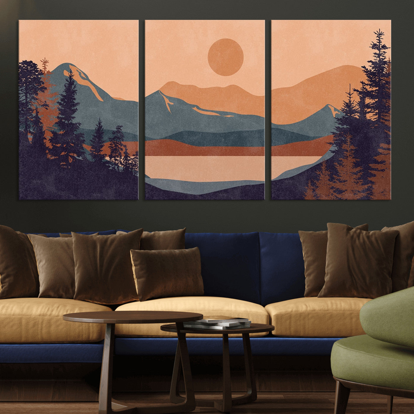 MGV-CV-60X30-3P - Modern Boho Sunset Canvas Print, Mountain Landscape Triptych – Giclée Canvas Art Print for Living