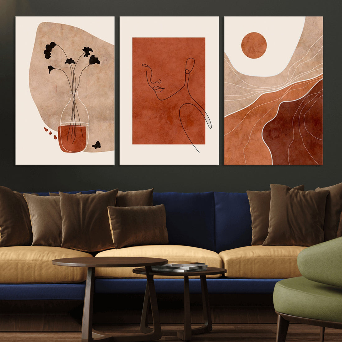 Boho Sunset Mountain Canvas Print, Modern Boho Sunset Mountain Landscape Triptych