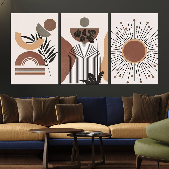 A trio of Boho Wall Art Canvas Print Sets, showcasing mid-century and bohemian styles on museum-quality canvas, adorn the wall.