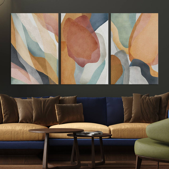 Boho Wall Art Canvas Print Set with warm earthy tones hangs prominently, showcasing its vibrant design.