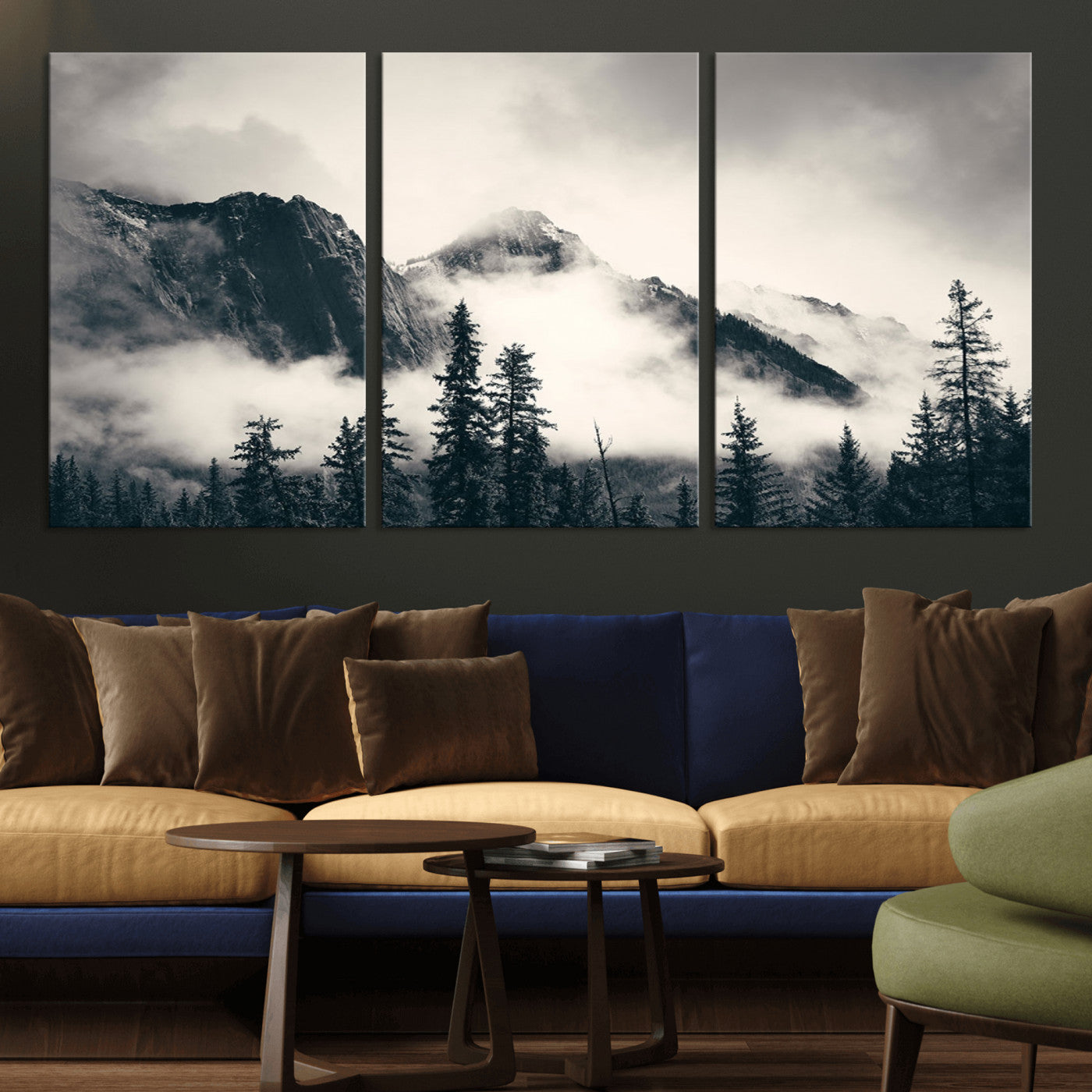 MGV-CV-60X30-3P - Large Foggy Mountain Forest Wall Art Canvas Print | Misty Mountain Peaks and Pine Trees Print | Framed Gallery Wrap | Rustic Nature Farmhouse Decor