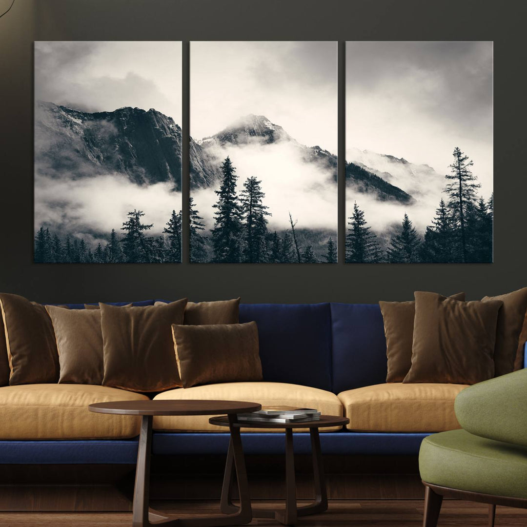 A large foggy mountain forest canvas print hangs prominently in the room.