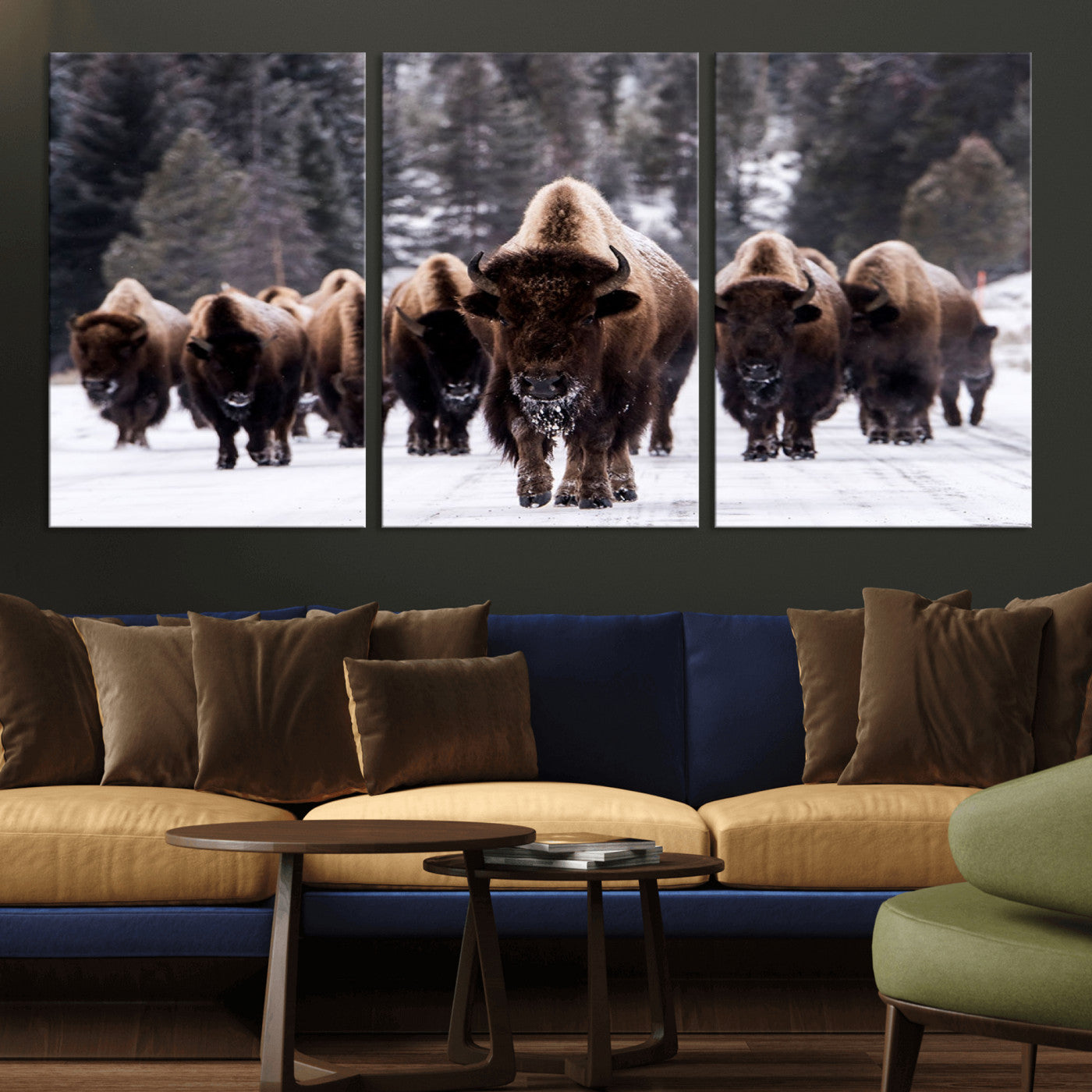MGV-CV-60X30-3P - Bison Wall Art Canvas Print- Bison Herd Canvas Wall Art – Majestic Wildlife Photography – Framed and Ready to Hang Nature-Inspired Art - Buffalo Wall Art Print