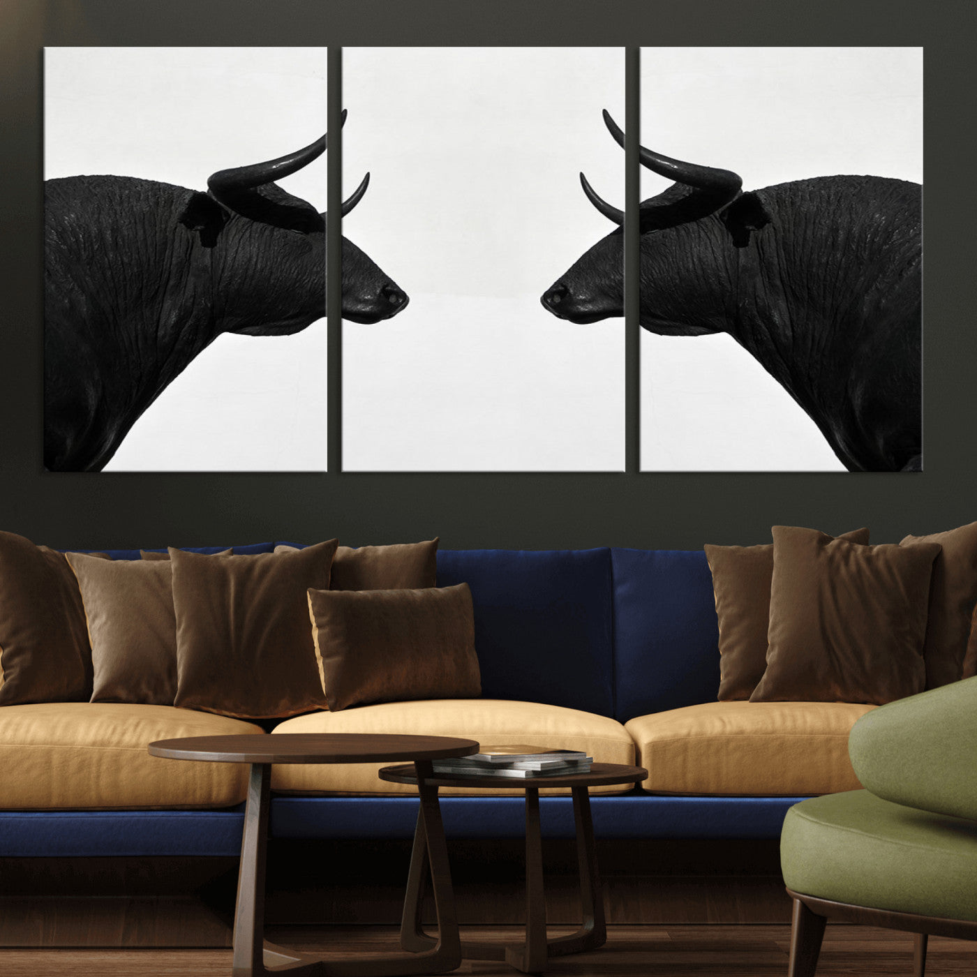 -Spanish Bull Art - Framed Black and White Bull Canvas Print for Modern Rustic Home or Office Decor