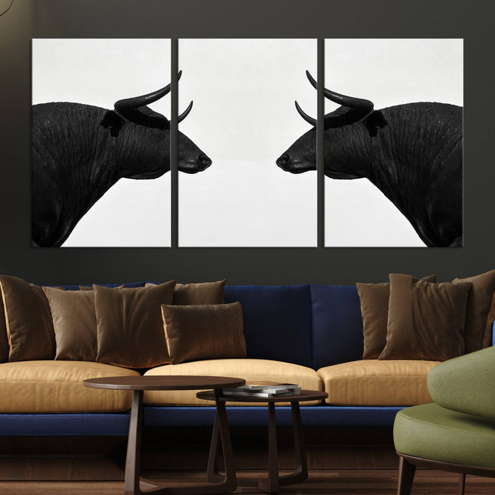 Spanish Bull Wall Art Canvas Print: Two black bull heads facing off on museum-quality canvas.