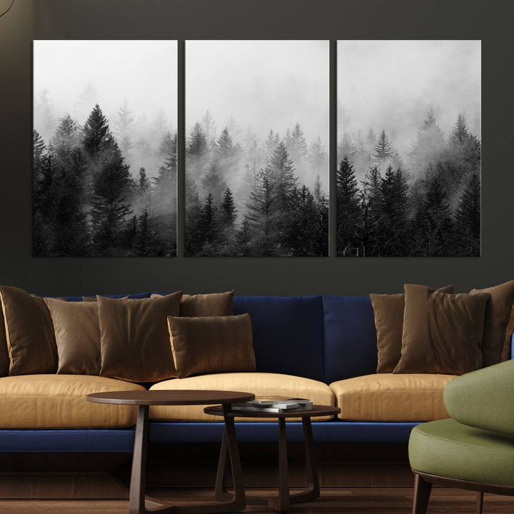 Black and white canvas art depicts a misty pine forest, offering a dense landscape that appeals to nature and woodland art lovers.