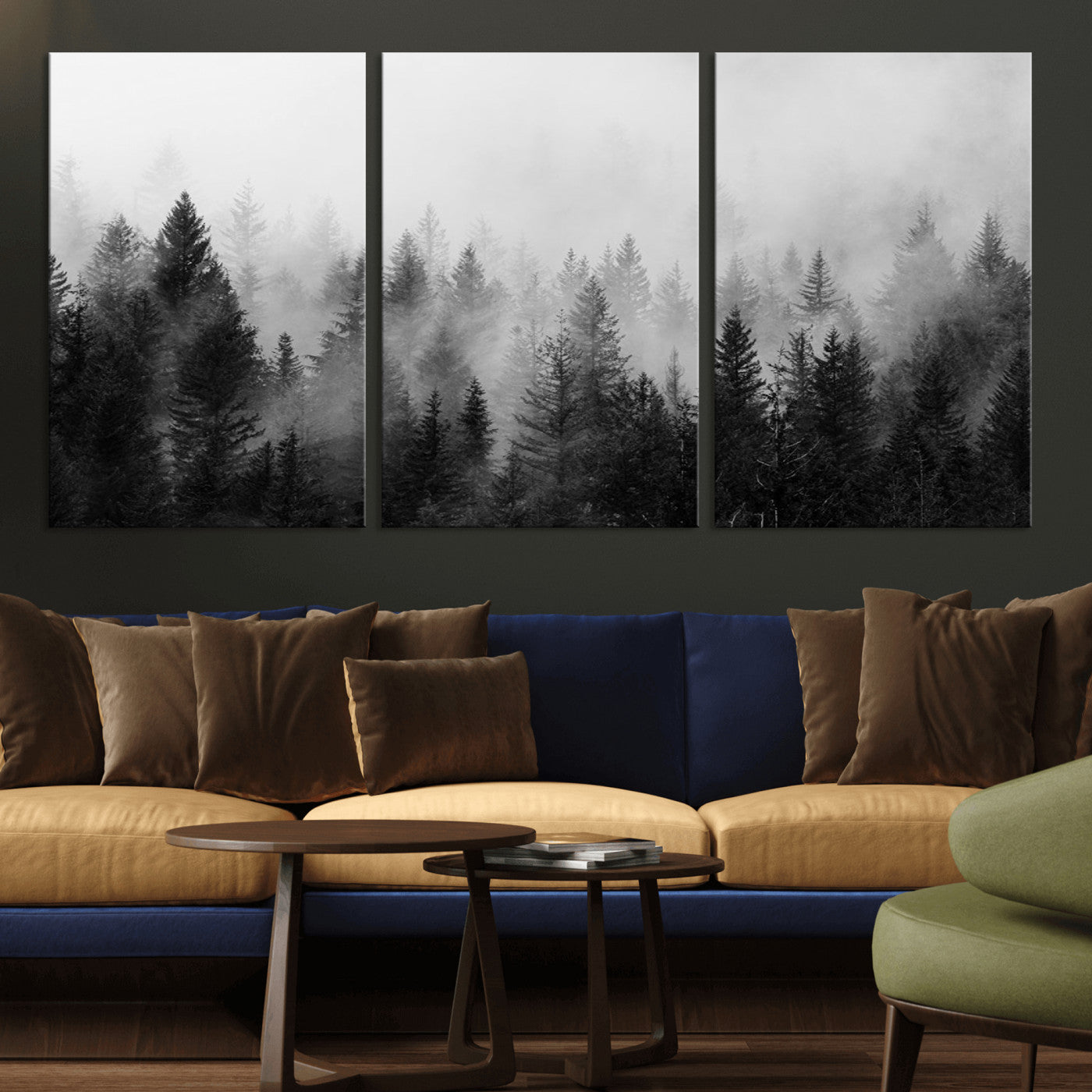MGV-CV-60X30-3P - Foggy Black and White Forest Wall Art, 3 Panel Misty Pine Trees Canvas Print for Living Room, Office, or Bedroom, Nature-Inspired Woodland Wall Decor