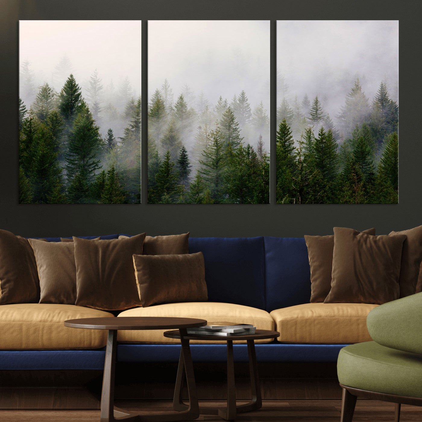 MGV-CV-60X30-3P - Misty Pine Forest Wall Art Canvas Print | 3 Panel Green Woodland Canvas Print for Living Room, Office, or Dining Room | Nature Foggy Forest Decor