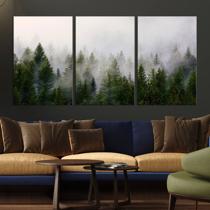 Misty Pine Forest Canvas Print serves as a foggy forest decor piece in the kitchen.