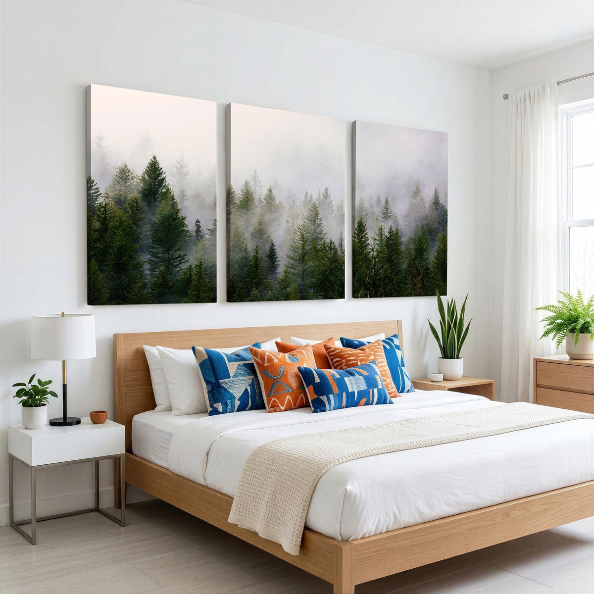 11436-MGV-CV-24X16 - Misty Pine Forest Wall Art Canvas Print | 3 Panel Green Woodland Nature Decor