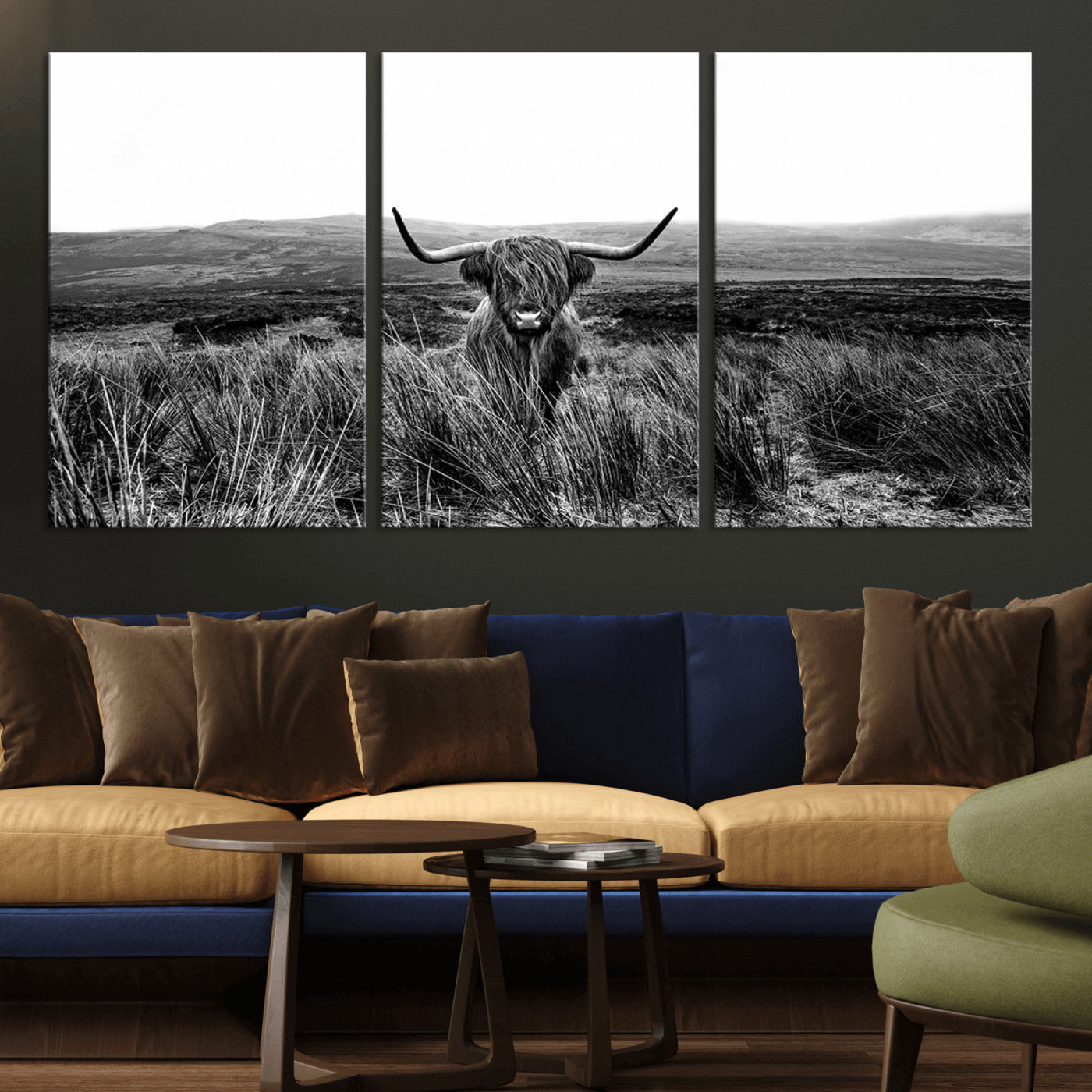 MGV-CV-60X30-3P - Black and White Highland Cow Canvas Wall Art, Longhorn Triptych Western Wall Decor for Cabin -