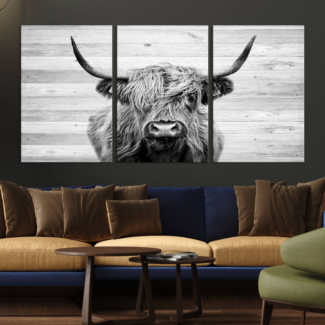 Scottish Highland Cow Cattle Art adds rustic farmhouse charm to the space.