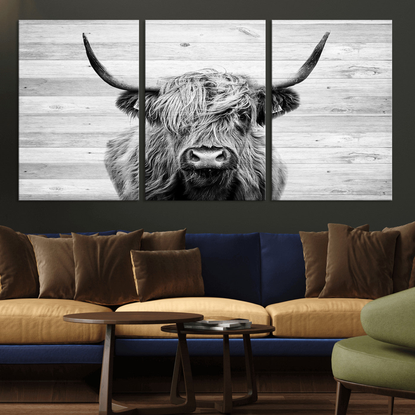 MGV-CV-60X30-3P - Scottish Highland Cow Cattle Art Print on Wood Background Style