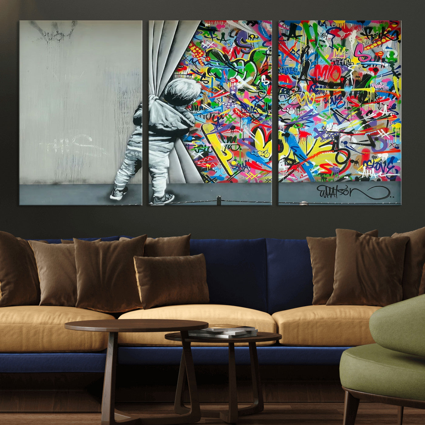 MGV-CV-60X30-3P - Banksy Colorful Street Graffiti Canvas Wall Art Print, Modern Art Triptych, Child and Graffiti Wall, Urban Art for Home or Office Decor