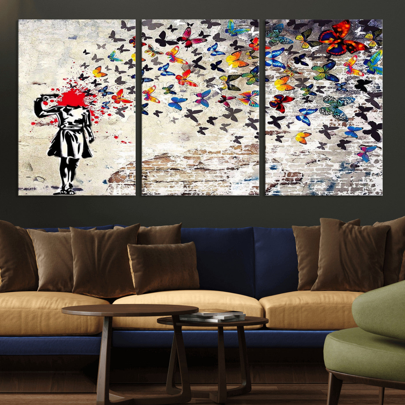 MGV-CV-60X30-3P - Banksy Art Butterfly Girl Explosion Canvas Art – Vibrant Urban Graffiti for Modern Interiors - Ready to Hang